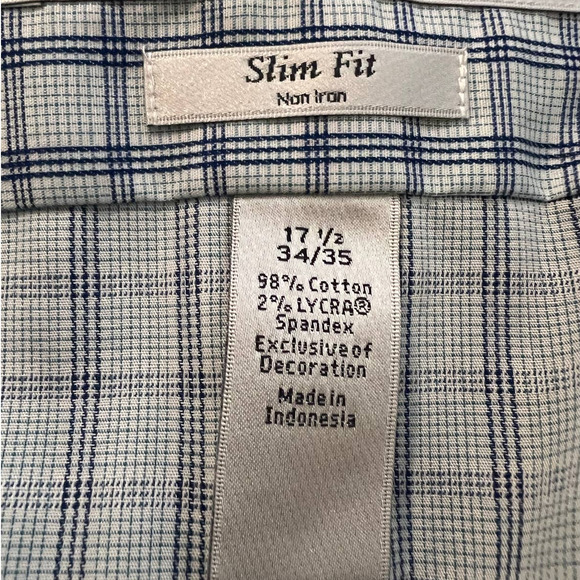 Perry Ellis Premium Shirt Size 17 1/2 34/35 Blue White Plaid Slim Fit Non-Iron - Picture 5 of 5